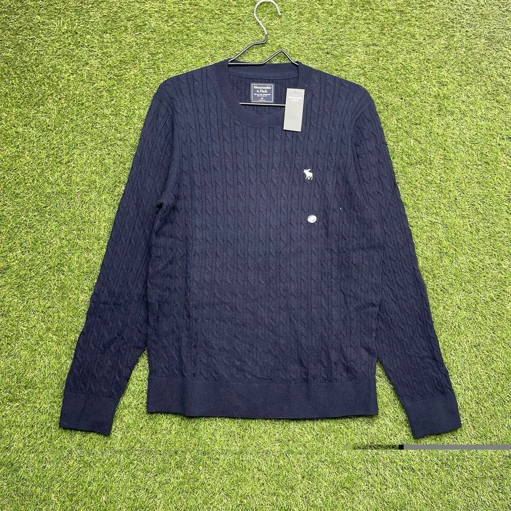 Abercrombie & Fitch Merino Wool Sweater Mens Medium Cable Knit Blue Dress Preppy